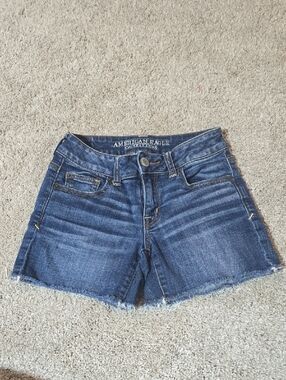 American Eagle Outfitters Blue Denim Frayed Hem Jean Shorts (Shortie)